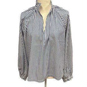 NWT Harshman Womens Navy Striped Ruffle Collar Pansy Blouse Top Size Large